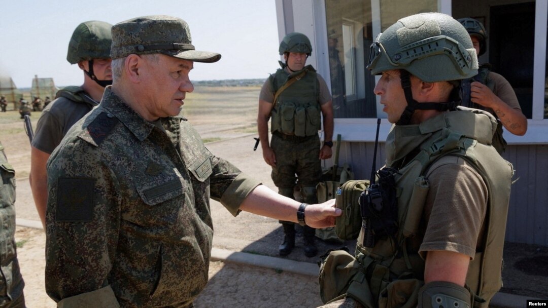 A screenshot from a video released by Russia's Defense Ministry on July 8, showing Sergei Shoigu purportedly inspecting troops in his country's Southern Military District. 
