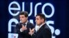 Presidential candidates George Simion (R) and Nicusor Dan (L) take part in a debate organized by Euronews Romania in Bucharest May 8, 2025.