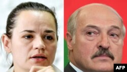 Belarus oppozisiýa dalaşgäri Swýatlana Tihanowskaýa (çepde) we belarus prezidenti Aleksandr Lukaşenka