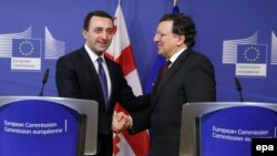 Georgian Prime Minister Irakli Garibashvili (left) during a joint press conference with EU Commission President Jose Manuel Barroso after a meeting at the European Commission headquarters, in Brussels on February 3.