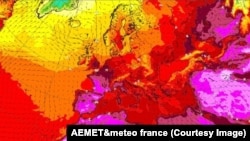 Harta meteorologică întocmită de serviciul francez de meteorologie, pe 14 iunie 2022, arată cum valul de căldură a lovit Spania, Franța și SUA.