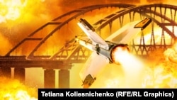 Керченский (Крымский) мост в огне и летящая ракета. Иллюстративный коллаж
