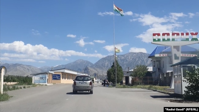 The entrance to the Vorukh enclave in the Isfara district, Tajikistan, in 2022