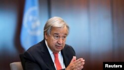 Sekretari i Përgjithshëm i Kombeve të Bashkuara Antonio Guterres gjatë një interviste në selinë e Kombeve të Bashkuara në Manhattan, Nju Jork SHBA, 15 shtator 2021.