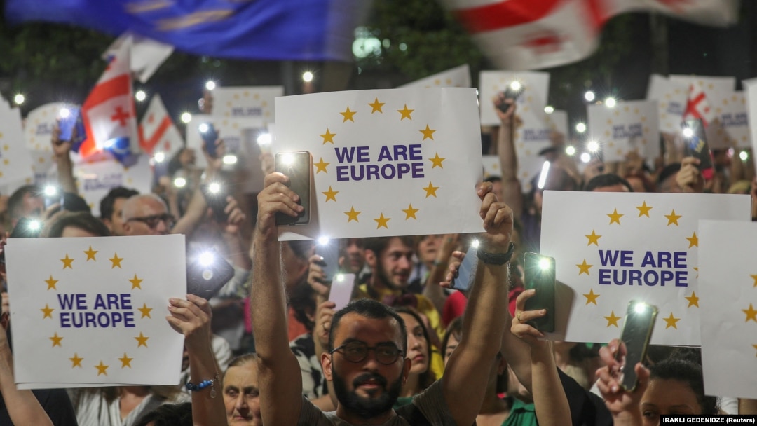 People attend a mass demonstration in support of Georgia's bid country's for EU membership in Tbilisi on June 20.