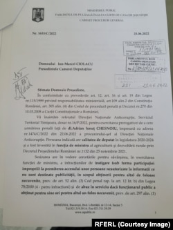 Cererea trimisă de procurorul general președintelui Camerei Deputaților pentru încuviințarea urmăririi penale a deputatului Adrian Chesnoiu - pagina 1