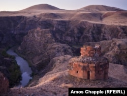 Two ruined Armenian churches in Ani in eastern Turkey. The river on the left marks the border between Armenia and Turkey.
