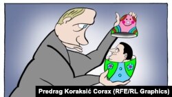 Urednička karikatura srpskog karikaturiste Predraga Koraksića Coraxa (Putin, Dodik), Beograd, 4. jula 2022.