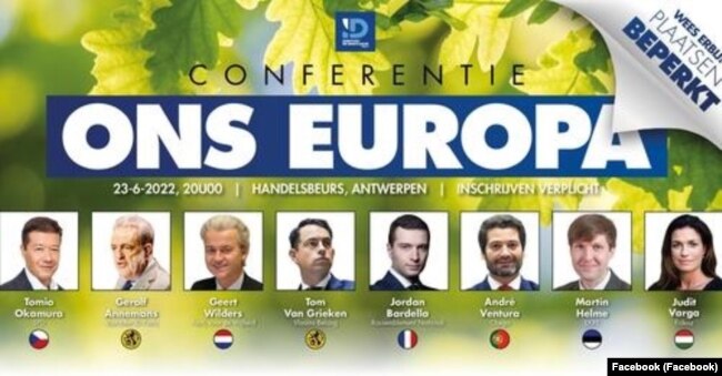 Varga Judit is látható annak az antwerpeni rendezvénynek a plakátján, amelyet a belga szélsőjobboldali és EU-kritikus Vlaams Belang (Flamand Érdek) szervezésében, Mi Európánk! (Ons Europa!) címmel tartanak 2022. június 23-án