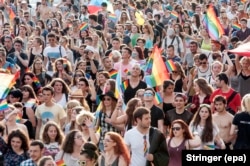 People march in the Sofia Pride parade in Sofia in June 2016.