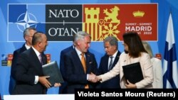 ფინეთის, შვედეთისა და თურქეთის ლიდერები მემორანდუმის ხელმოწერის წინ. მადრიდი, 28 ივნისი.