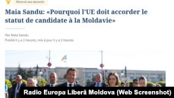Captura paginii din Le Figaro cu articolul semnat de Maia Sandu, 21 iunie 2022