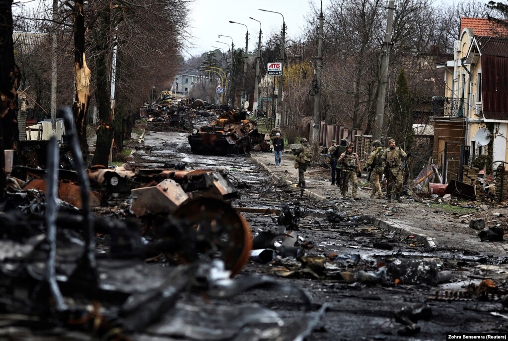 Destroyed armored vehicles on a street in Bucha, northwest of Kyiv, on April 2