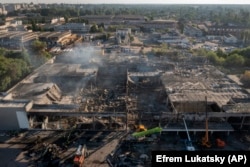 The remains of the shopping center in Kremenchuk following a Russian missile strike on June 27. At least 18 civilians were killed in the attack.
