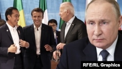 Presidenti indonezian Joko Widodo, Emmanuel Macron, Joe Biden dhe Vladimir Putin. (Kolazh fotosh).