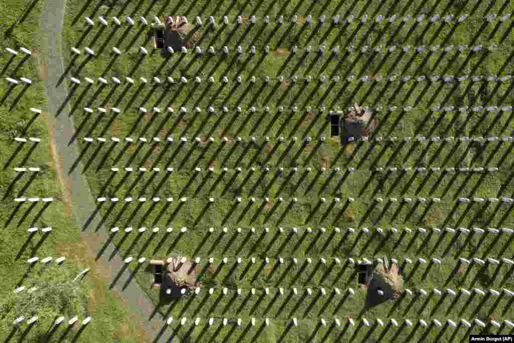 An aerial view of the Srebrenica Genocide Memorial Center and the newly dug graves in Potocari, Bosnia on July 10. &nbsp;