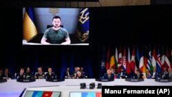 Volodimir Zelenski adresându-se liderilor NATO la summit de la Madrid, 29 iunie 2022