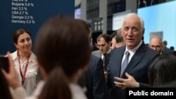 Russia - Armenian President Vahagn Khachaturian talks to other Armenian participants of an economic forum in St Petersburg, June 17, 2022.