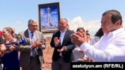 Armenia - Businessman Gagik Tsarukian (right) and Economy Minister Vahan Kerobian (center) attend a ground-breaking ceremony on Mount Hatis, July 9, 2022.
