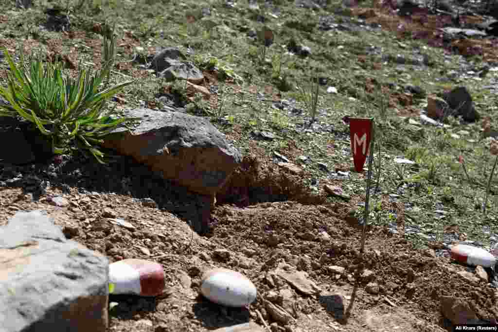 A red marker is placed near a discovered Soviet anti-personnel mine. Deminers will use long cables to detonate the mine from a safe distance before resuming their work to uncover more mines.