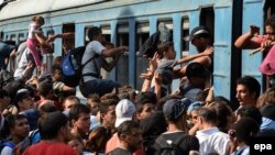 Мигранты пытаются попасть в поезд на станции Гевгелия в Македонии, август 2015 года. 