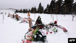 Graves of fighters from the self-proclaimed Donetsk People's Republic are seen near the Savur Mogila monument to Red Army soldiers fallen during World War II outside the eastern city of Snizhne.