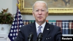 U.S. President Joe Biden announces additional military aid for Ukraine in a speech at the White House on April 21. 