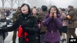 Mourners react as a car carrying Kim Jong Il's body passes by during the funeral procession in Pyongyang on December 28.