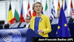 European Commission President Ursula von der Leyen gestures as she speaks on Ukraine at the European Parliament in Strasbourg, France, on September 14.