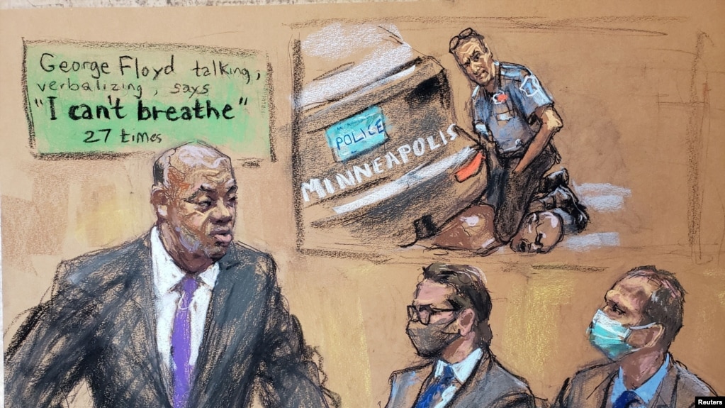Рисунок, сделанный во время суда над бывшим полицейским Миннеаполиса Дереком Шовиным (справа), март 2021 года