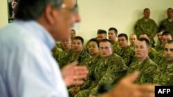 US Secretary of Defense Leon Panetta speaks with US troops during his recent visit to Kabul.