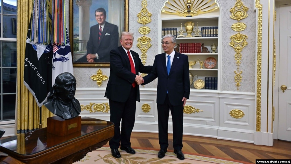 US President Donald Trump meets with Kazakh President Qasym-Zhomart Toqaev at the White House in Washington on November 6.