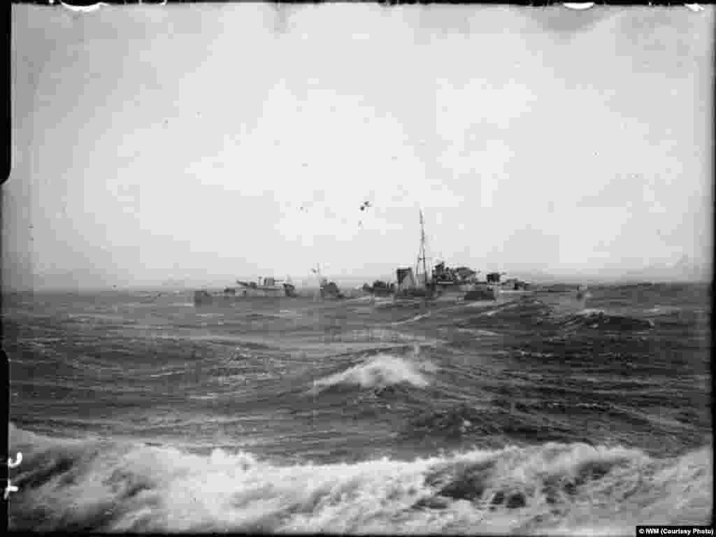 The destroyer &quot;HMS Opportune&quot; in rough Arctic seas while accompanying a convoy near Russia.