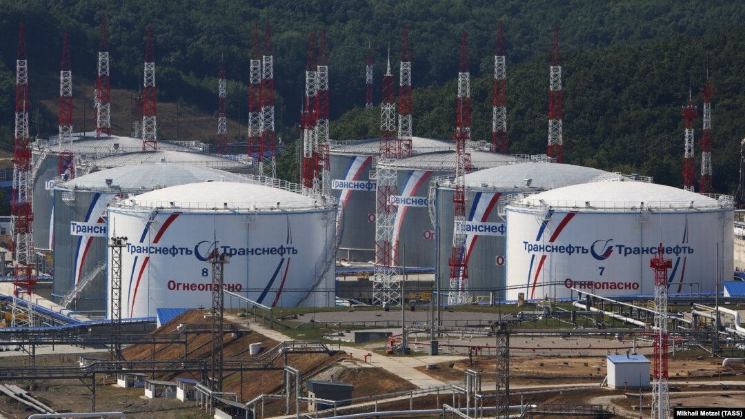 Storage tanks at Chernomortransneft's oil terminal Sheskharis near the southern city of Novorossiisk, Russia
