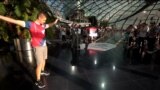 Lazar Krstic prepares to throw his paper airplane on final tournament at the Red Bull Paper Wings World Final