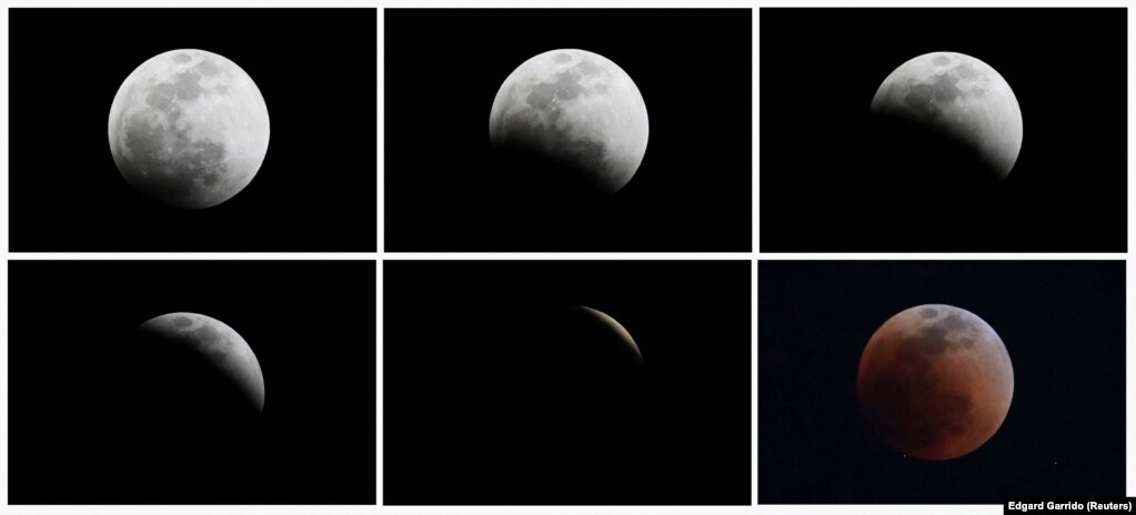Një kombinim fotosh tregon lëvizjen e hënës gjatë një eklipsi të plotë hënor të parë nga Mexico City, Meksikë, 15 maj, 2022.