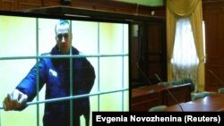 Russian opposition leader Aleksei Navalny appears via video link from the prison in Pokrov before a court hearing to consider an appeal against his prison sentence in Moscow, Russia on May 17.