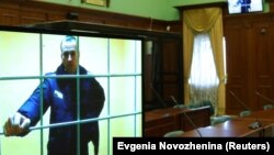 Aleksei Navalny is seen on a video link from prison in Pokrov before a court hearing to consider an appeal against his prison sentence in Moscow on May 17.