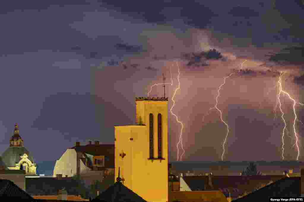 Lightning illuminates the sky over Nagykanizsa, Hungary.