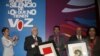 Nazila Ghanea (far right) accepts the Spanish Bar Association's Human Rights Award on behalf of Nasrin Sotoudeh. Another honoree, Mohammad Mostafaei, is second from the right.