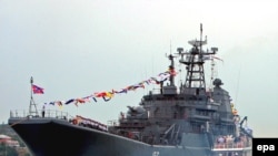 A battleship of the Russian Black sea fleet during a naval parade in Sevastopol in July 2008