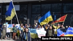 Demonstrators in Podgorica express their support for Ukraine after the Russian invasion on February 24.