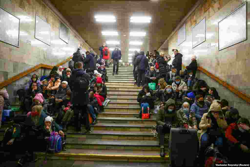 Civilians take shelter in the Kyiv subway. The subterranean railway has some of the deepest stations in the world with one located more than 100 meters underground.&nbsp;
