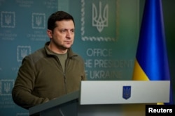 Ukrainian President Volodymyr Zelenskiy delivers a speech to the Ukrainian nation on February 25.