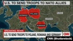 АКШ өз аскерлерин жөнөтө турган мамлекеттер кызыл менен белгиленген. CNN телеканалынын видеосунан алынган скриншот.