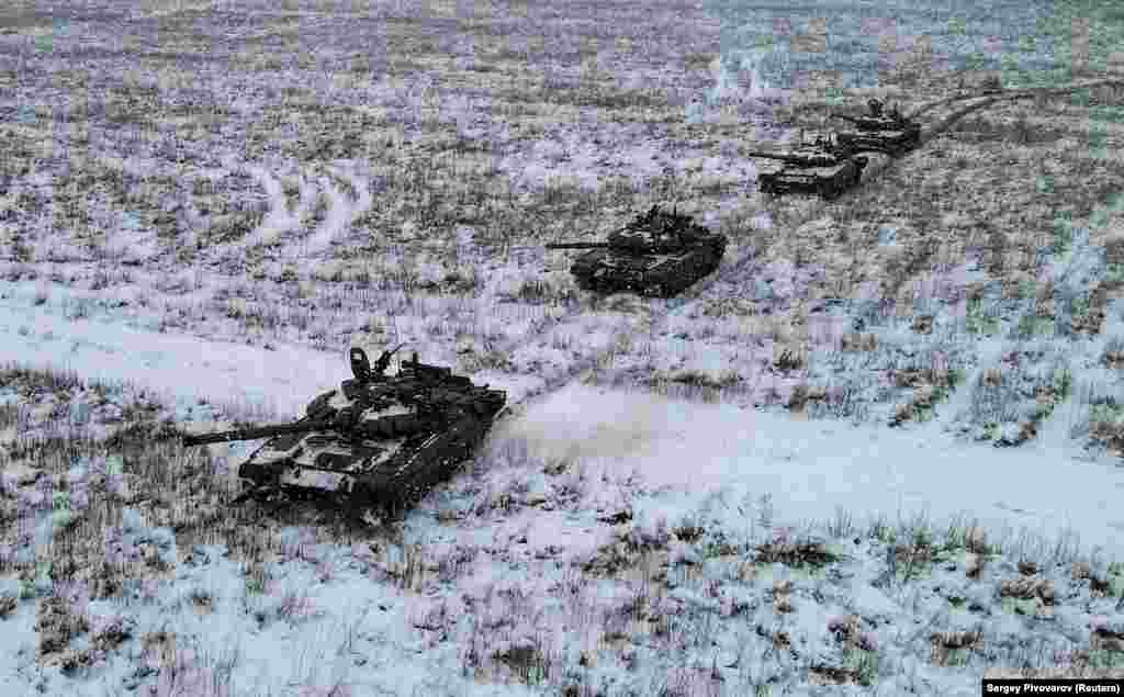 Russian T-72B3&nbsp; tanks take part in military exercises at a firing range in the southern Rostov region, near the Ukrainian border.&nbsp;