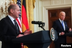 U.S. President Joe Biden holds a joint news conference with German Chancellor Olaf Scholz at the White House in Washington on February 7.