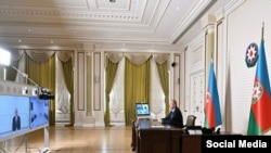 دیدار آنلاین الهام علی‌اف، رئیس‌جمهوری آذربایجان با رستم قاسمی، وزیر راه ایران و هیئت ایرانی
