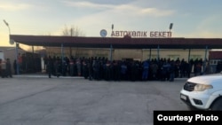 Oil workers gather in Zhanaozen on February 9.