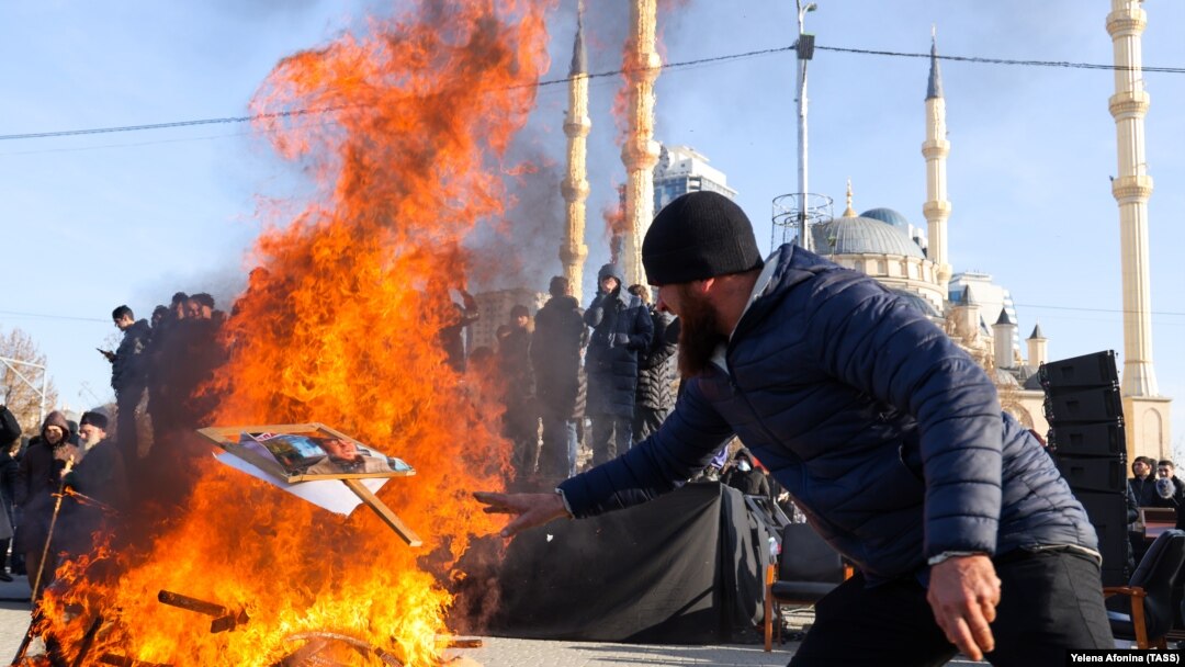 Supporters of Chechen leader Ramzan Kadyrov hold a tumultuous protest in central Grozny on February 2 to denounce human rights lawyer Abubakar Yangulbayev and his family. 